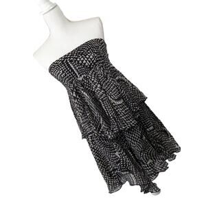 BCBGMAXAZRIA! PURE SILK BLACK, CREAM RUFFLED, TIERED MINI DRESS, CRINKLED! SZ S